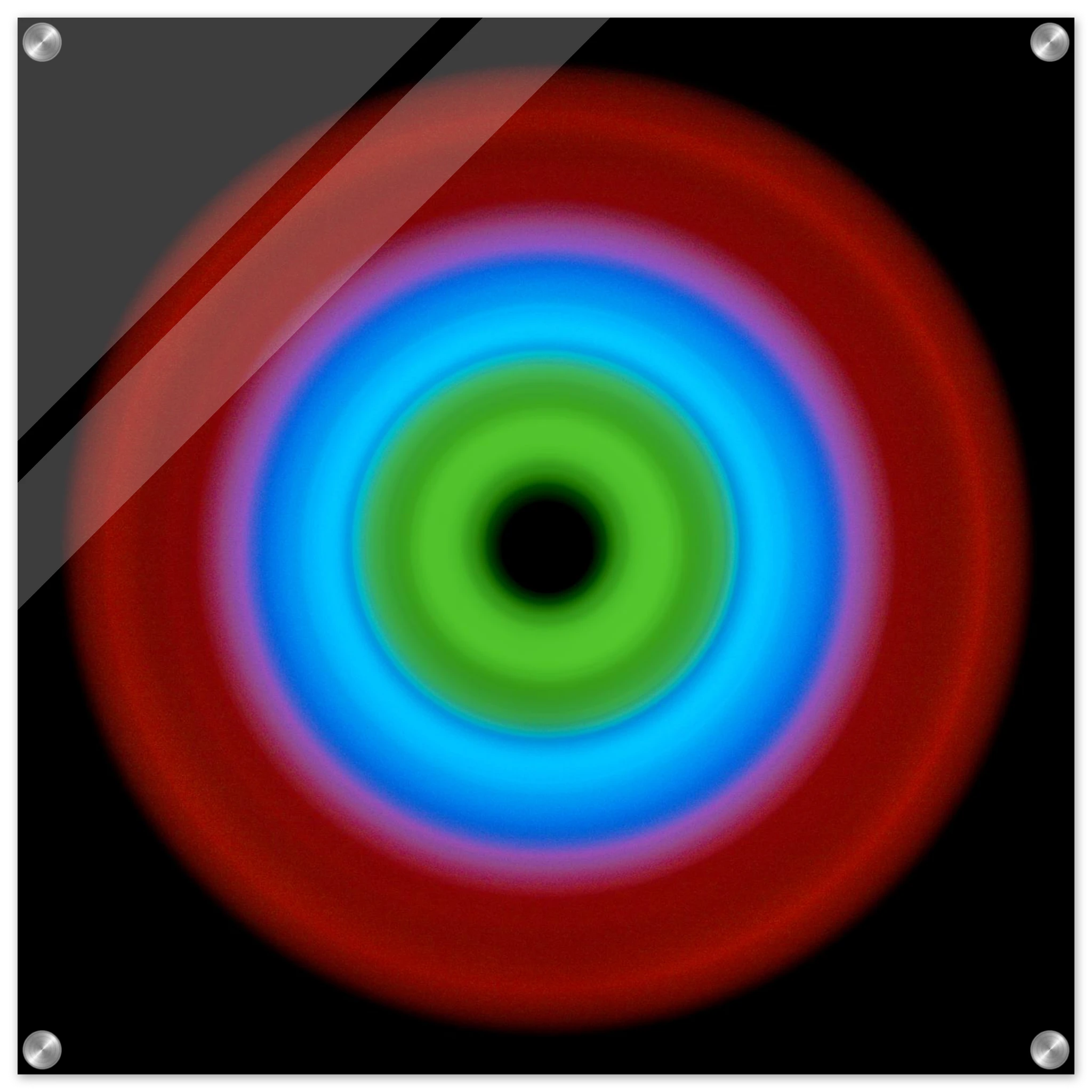 A circular radial form with concentric color bands transitioning from a black center through bright green to blue to red at the outer edge.
