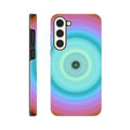 Circular aperture shape with dark center surrounded by concentric color bands transitioning from ice blue through turquoise and violet to coral pink.