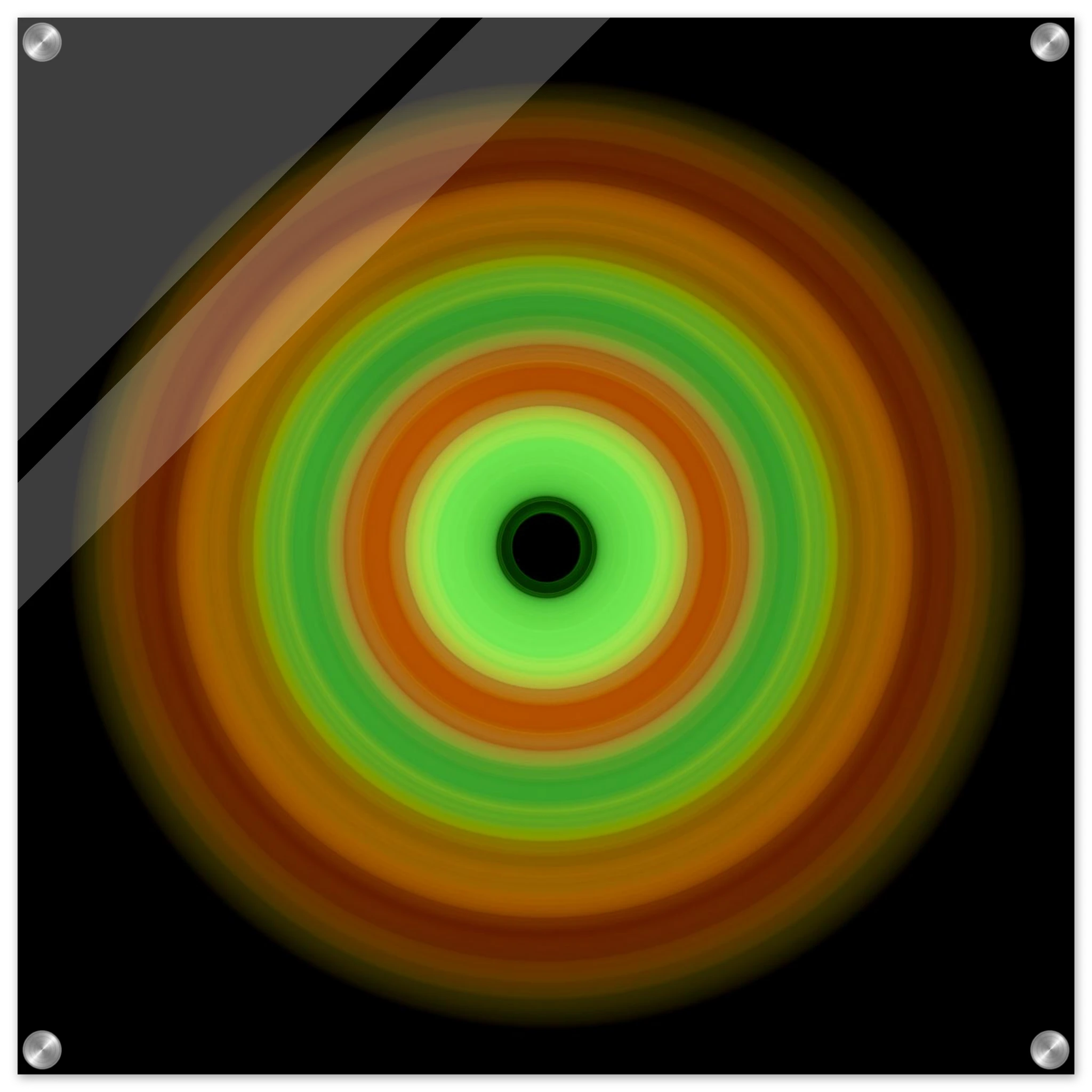 Circular image with seven concentric rings transitioning from burnt orange outer edge through yellow and green tones to pale lime center with small black void.
