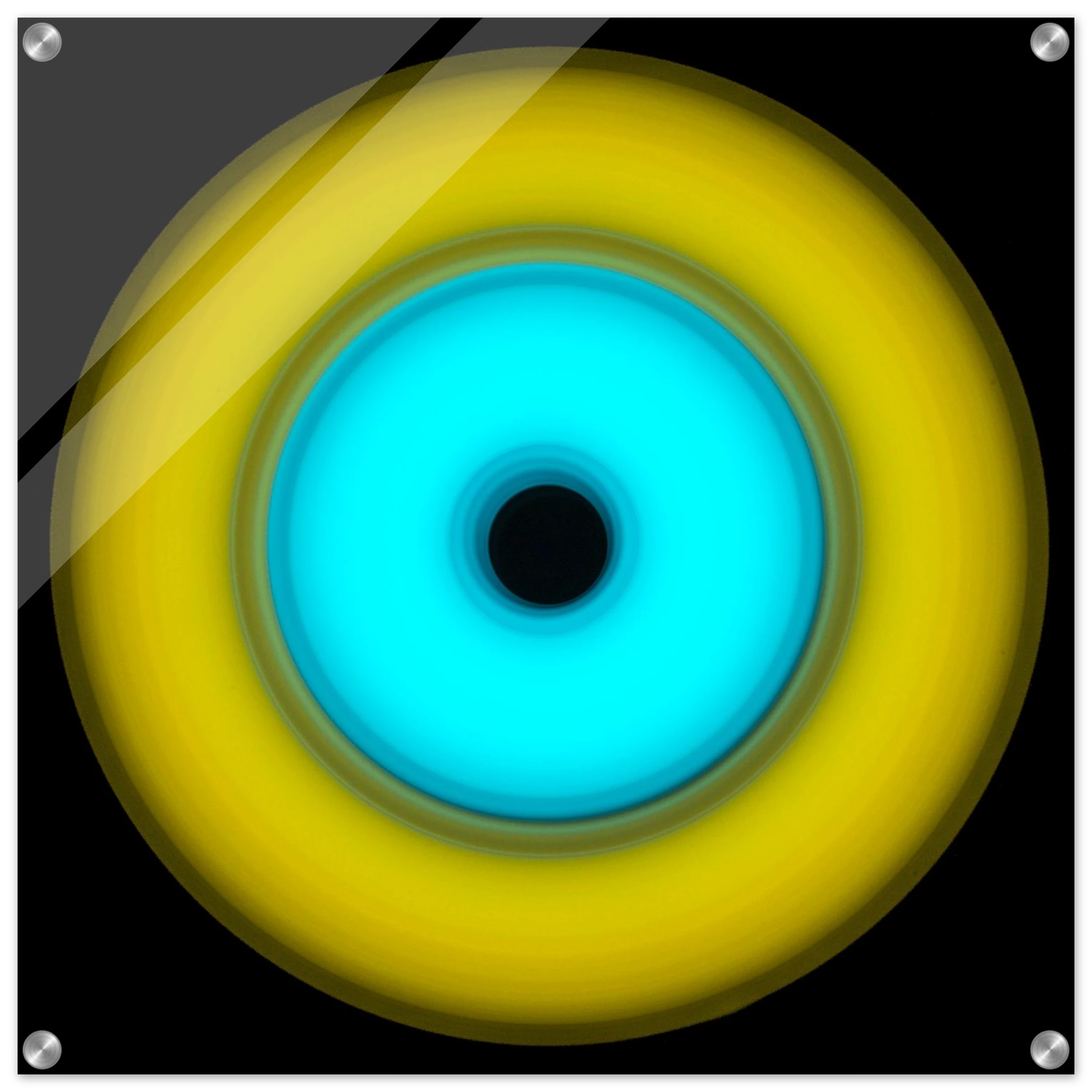 A circular aperture shape with bright yellow outer ring, electric cyan inner circle, and small black center hole against a black background.
