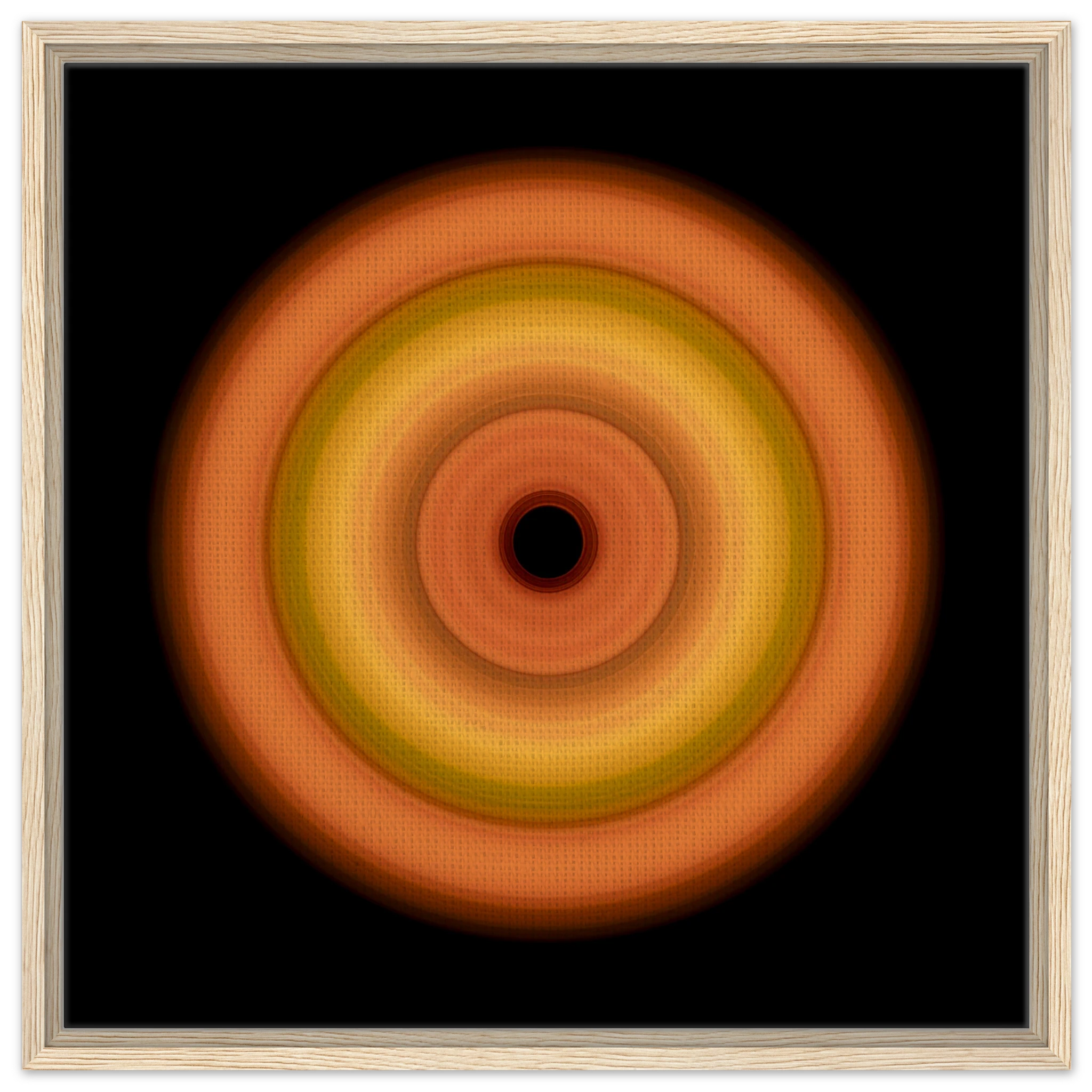 Circular concentric rings transitioning from coral orange outer edge through bright yellow middle bands to soft orange inner ring with small black center.