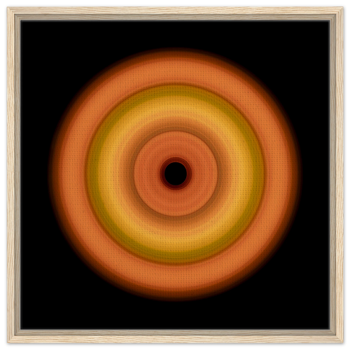 Circular concentric rings transitioning from coral orange outer edge through bright yellow middle bands to soft orange inner ring with small black center.