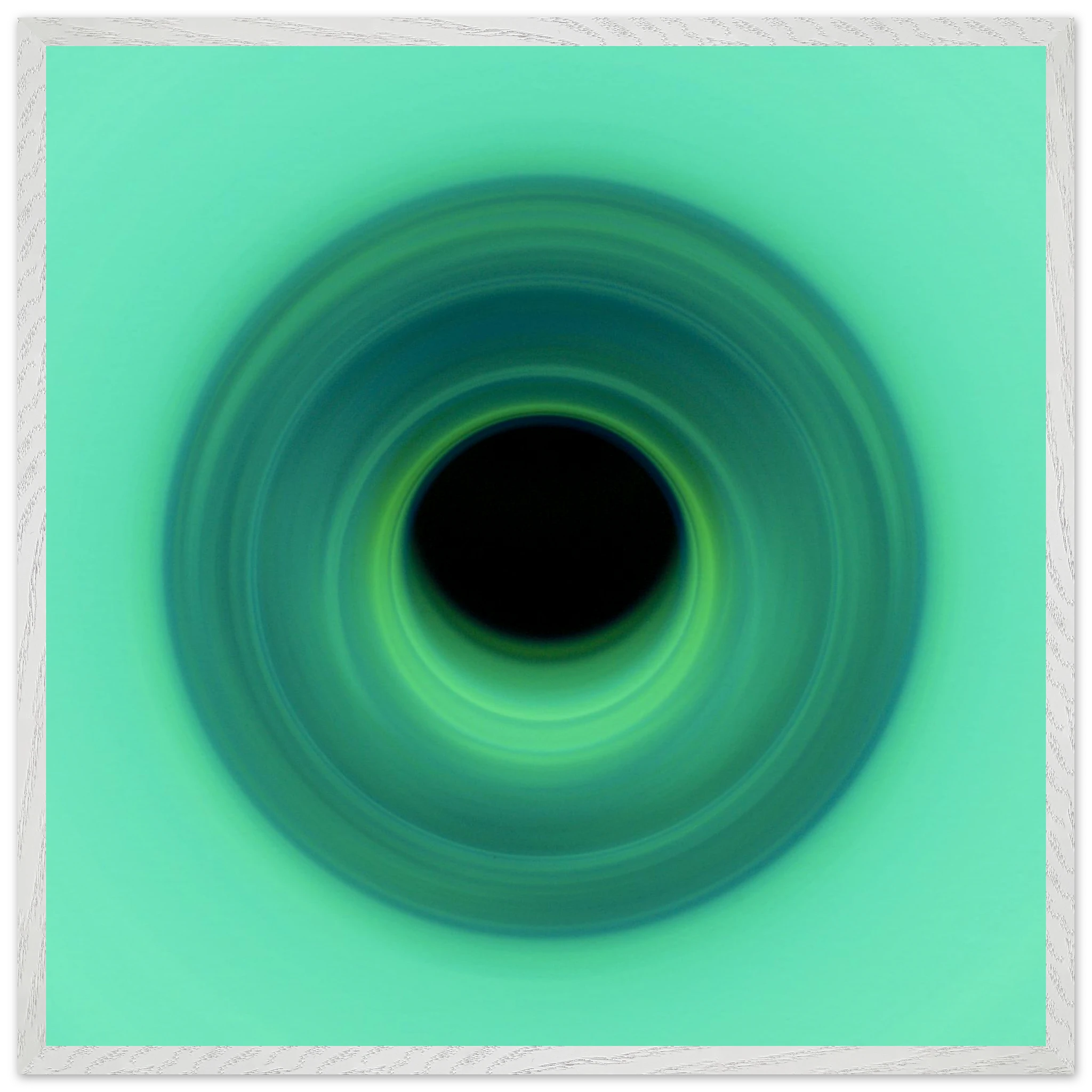 A spiral swirl of mint green light that deepens to teal color as it curves inward toward a black circular center.