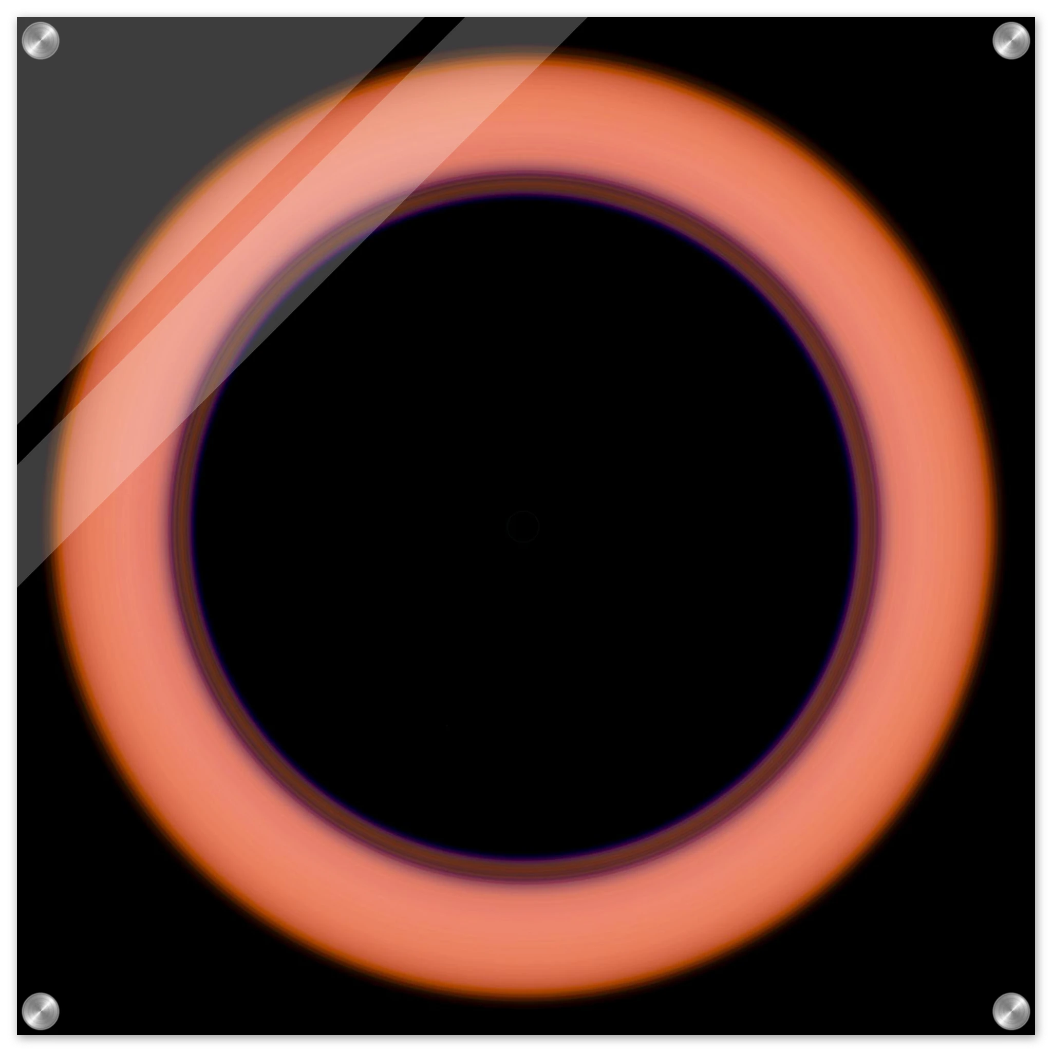A circular image with a large black center surrounded by a thin violet ring that transitions to coral orange at the outer edges.