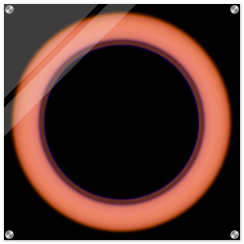A circular image with a large black center surrounded by a thin violet ring that transitions to coral orange at the outer edges.