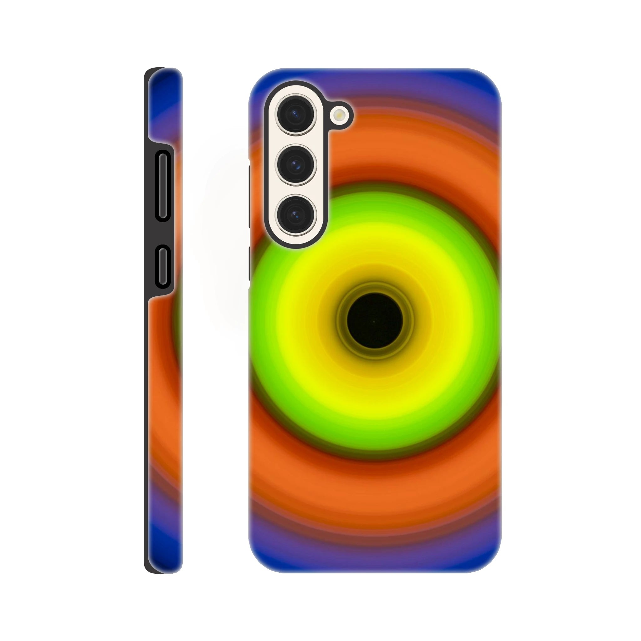 A circular aperture shape with bright lime green center fading to dark void, surrounded by concentric rings of orange, red, purple, and deep blue.