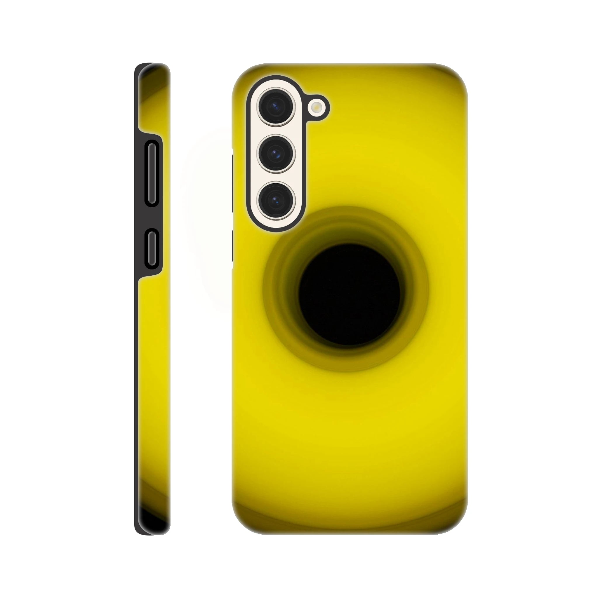 A circular yellow ring that gradients from bright yellow at the edges to olive green toward the dark center hole.