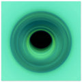 A spiral swirl of mint green light that deepens to teal color as it curves inward toward a black circular center.
