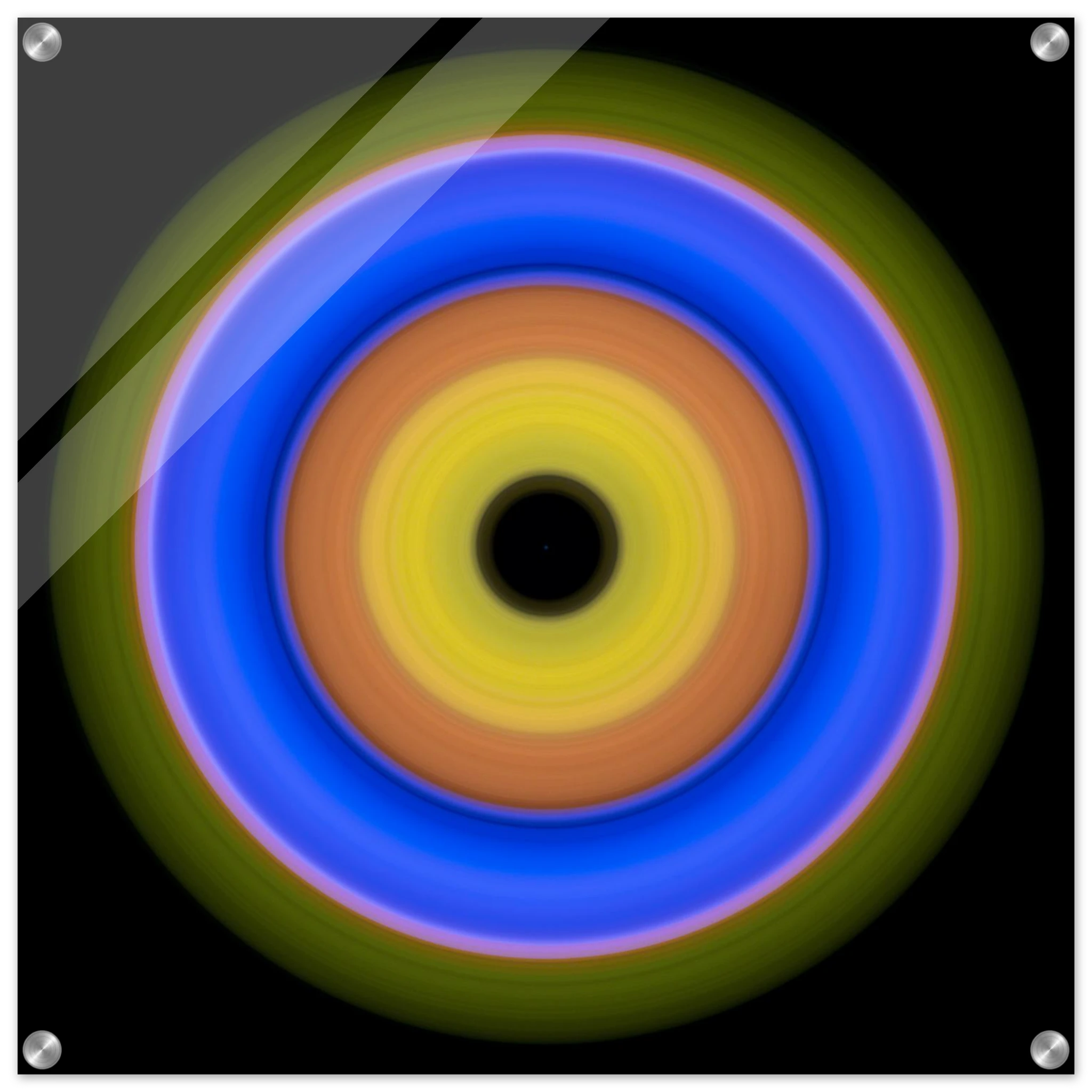 A circular aperture shape with concentric color rings radiating from a black center through yellow, orange, blue, and olive green.