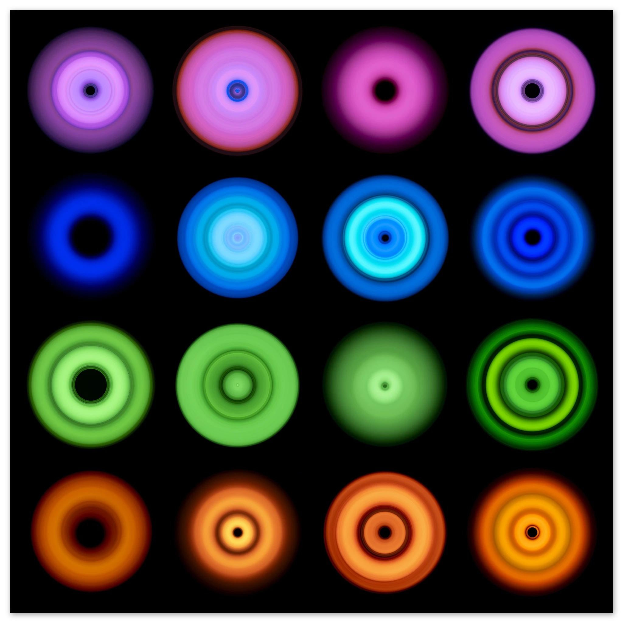 A grid of sixteen circular forms with concentric rings in purple, blue, green, and orange colors, each with dark centers against a black background.