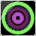 Circular aperture shape with concentric rings transitioning from bright lime green on the outside through purple tones to bright magenta around a small black center.