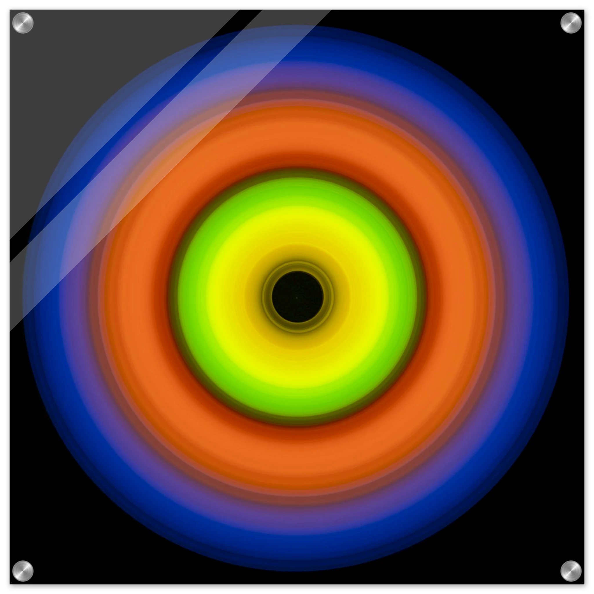 A circular aperture shape with bright lime green center fading to dark void, surrounded by concentric rings of orange, red, purple, and deep blue.