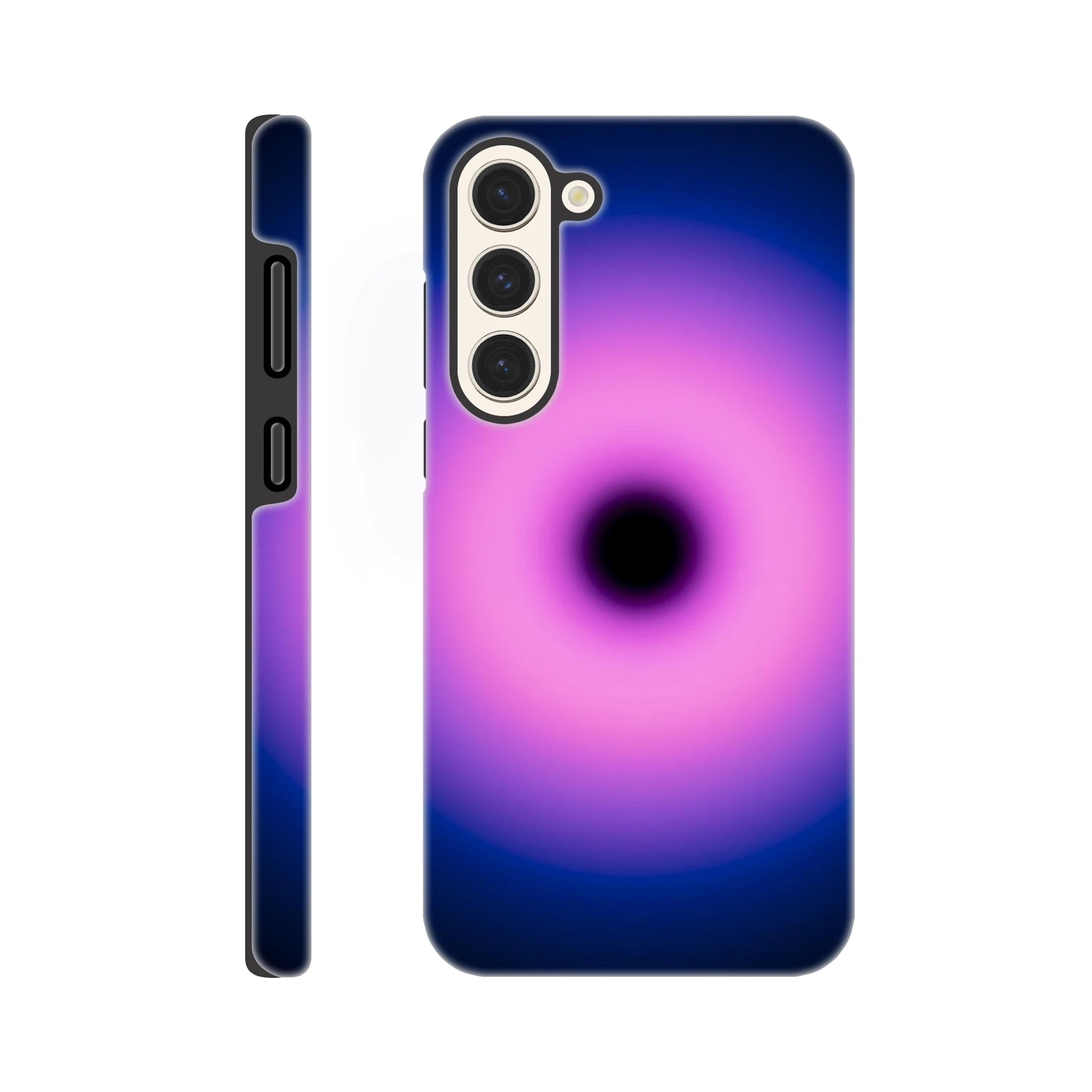 A circular gradient shape with a black center that transitions from hot pink to purple to deep blue at the outer edges.