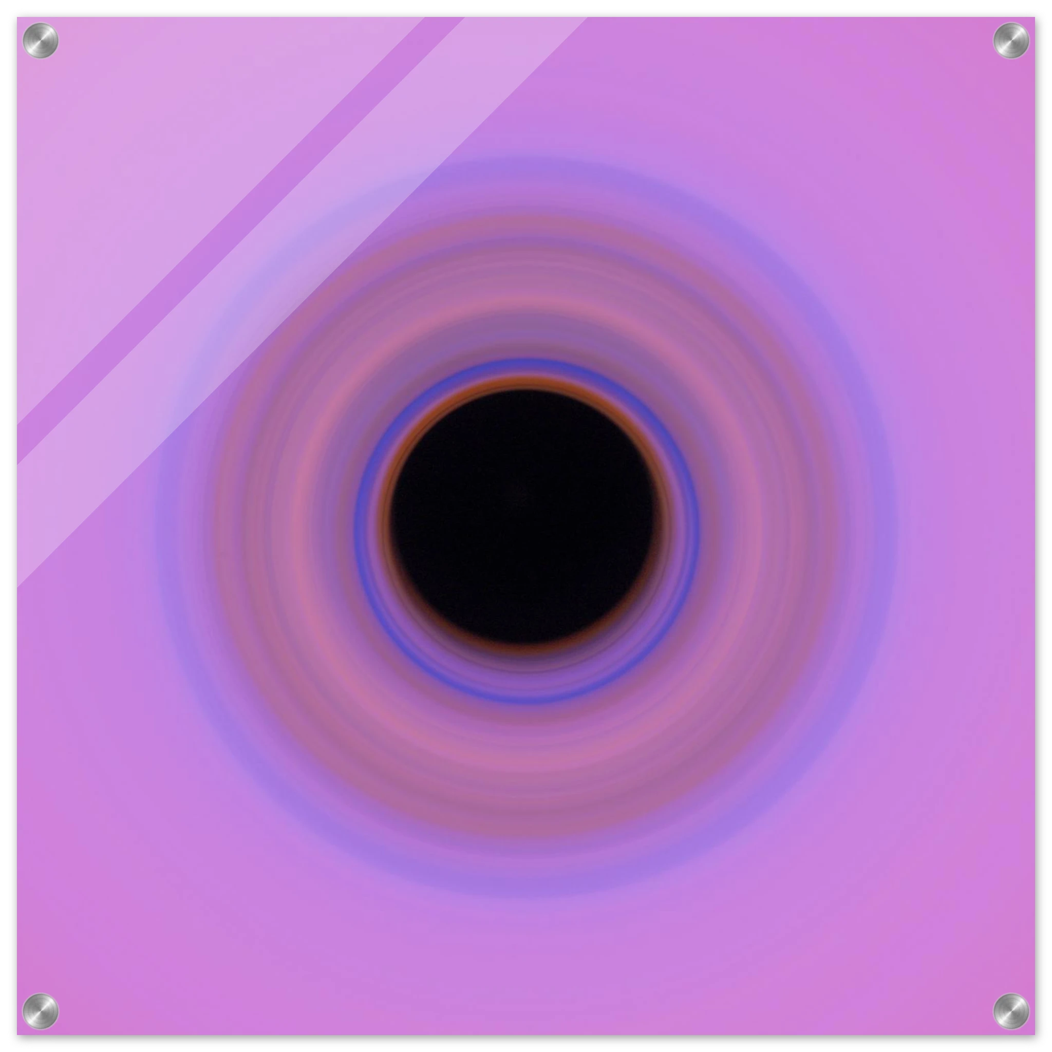 A circular swirl with black center surrounded by concentric rings transitioning from orange through blue and purple to pink at the outer edges.