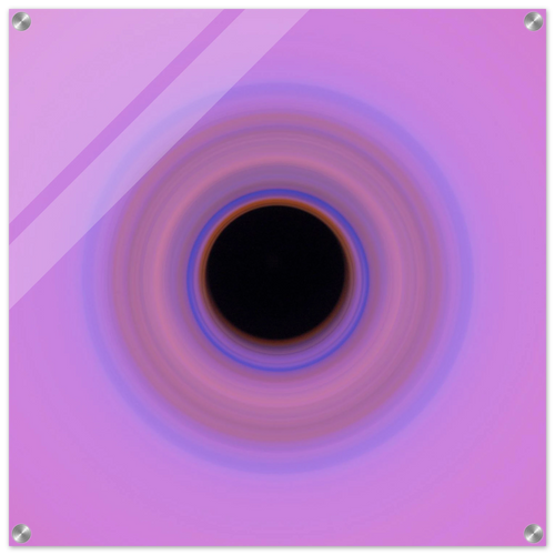 A circular swirl with black center surrounded by concentric rings transitioning from orange through blue and purple to pink at the outer edges.