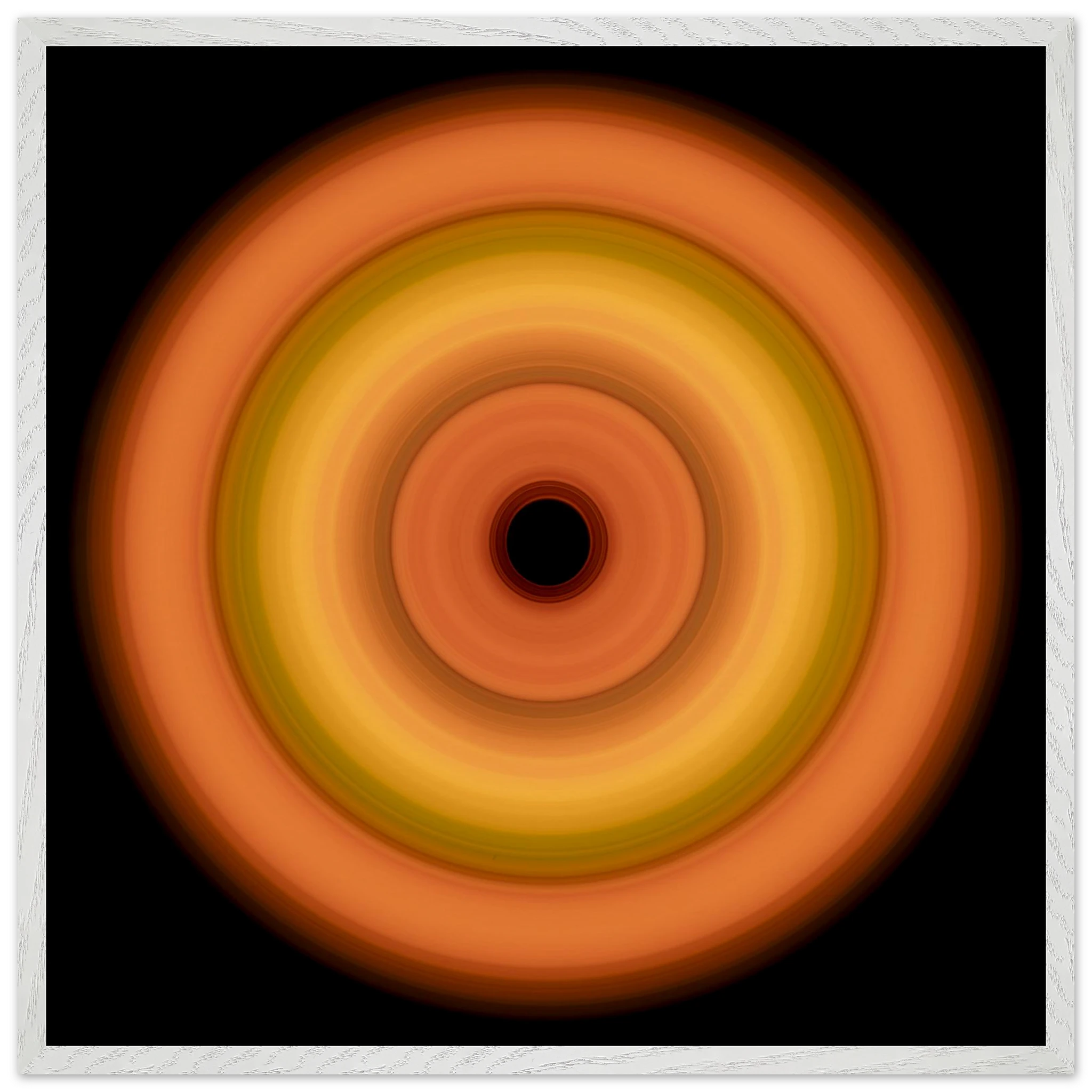 Circular concentric rings transitioning from coral orange outer edge through bright yellow middle bands to soft orange inner ring with small black center.