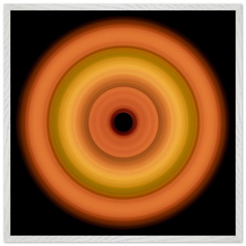 Circular concentric rings transitioning from coral orange outer edge through bright yellow middle bands to soft orange inner ring with small black center.