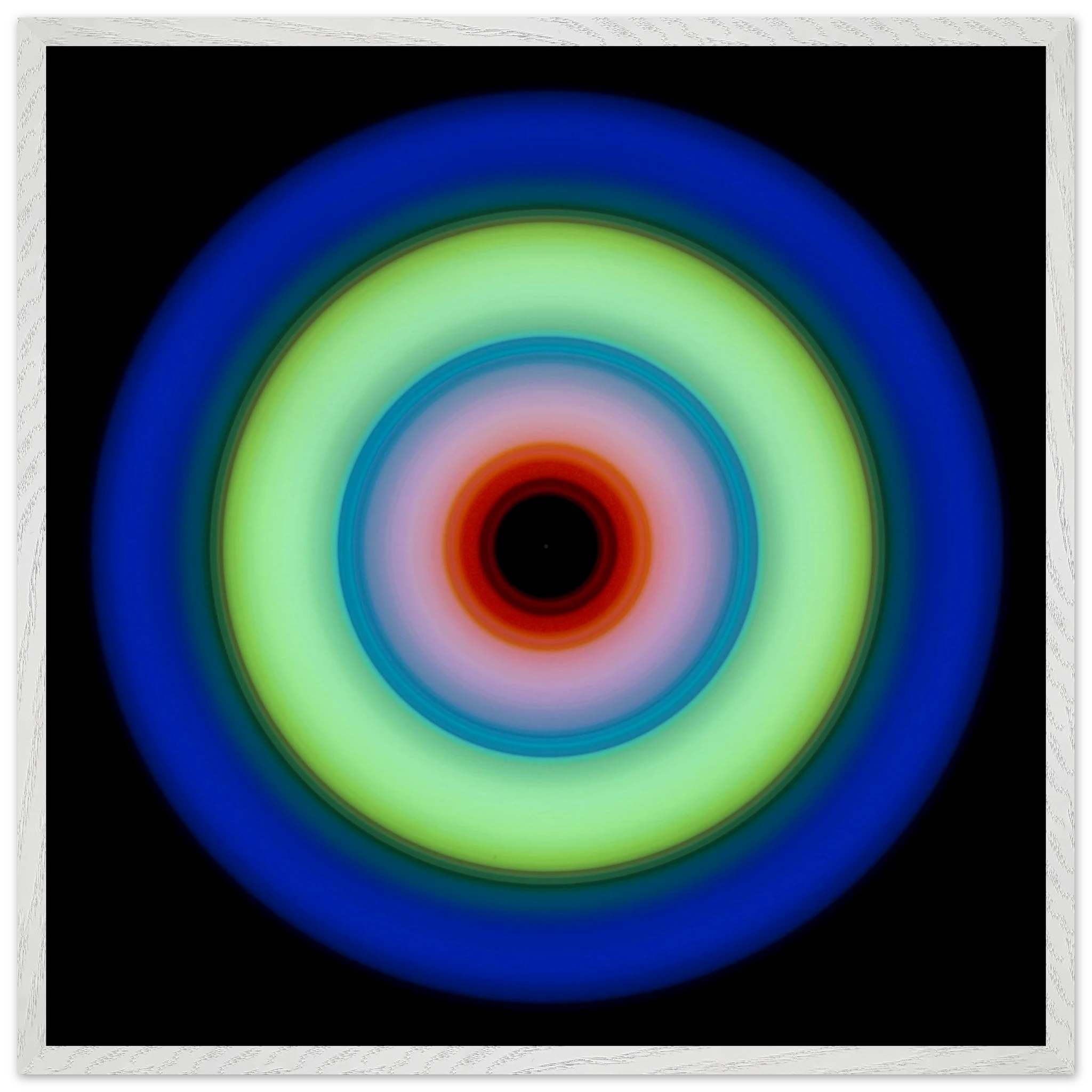 Circular concentric rings transitioning from deep blue outer edge through lime green to orange-red center with a small black void.