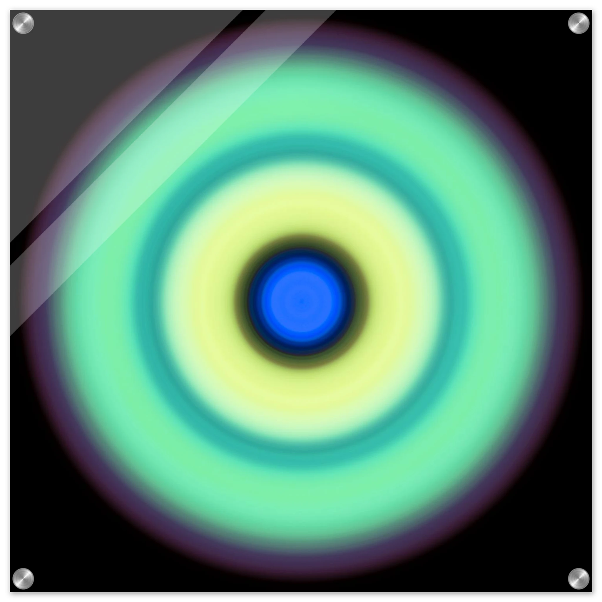 A circular disc with a bright blue center, surrounded by concentric rings of yellow-green, teal, mint green, and purple that fade into black.