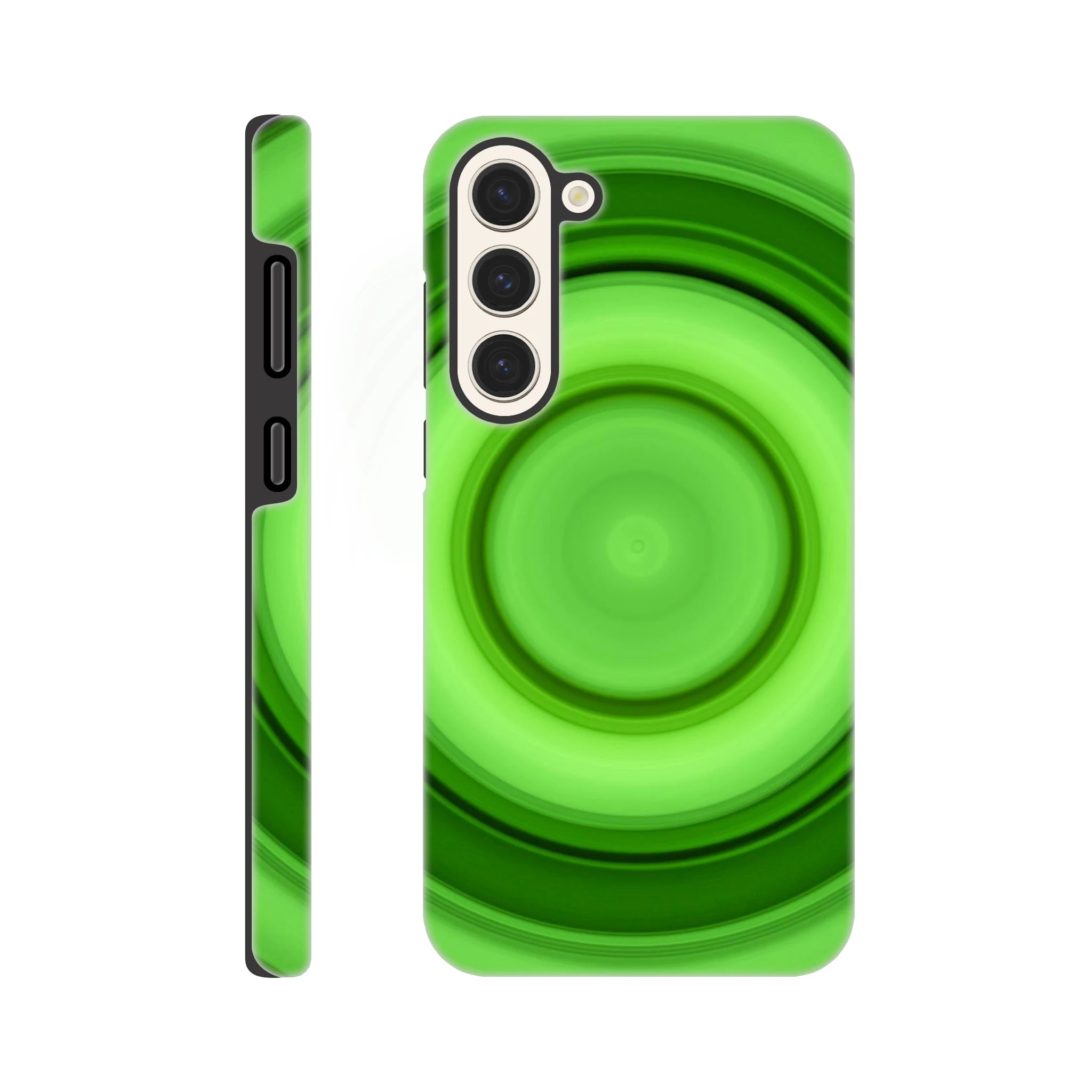 A circular disc with concentric rings in lime green tones radiating from a bright center core to darker green outer edges on black background.