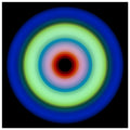 Circular concentric rings transitioning from deep blue outer edge through lime green to orange-red center with a small black void.