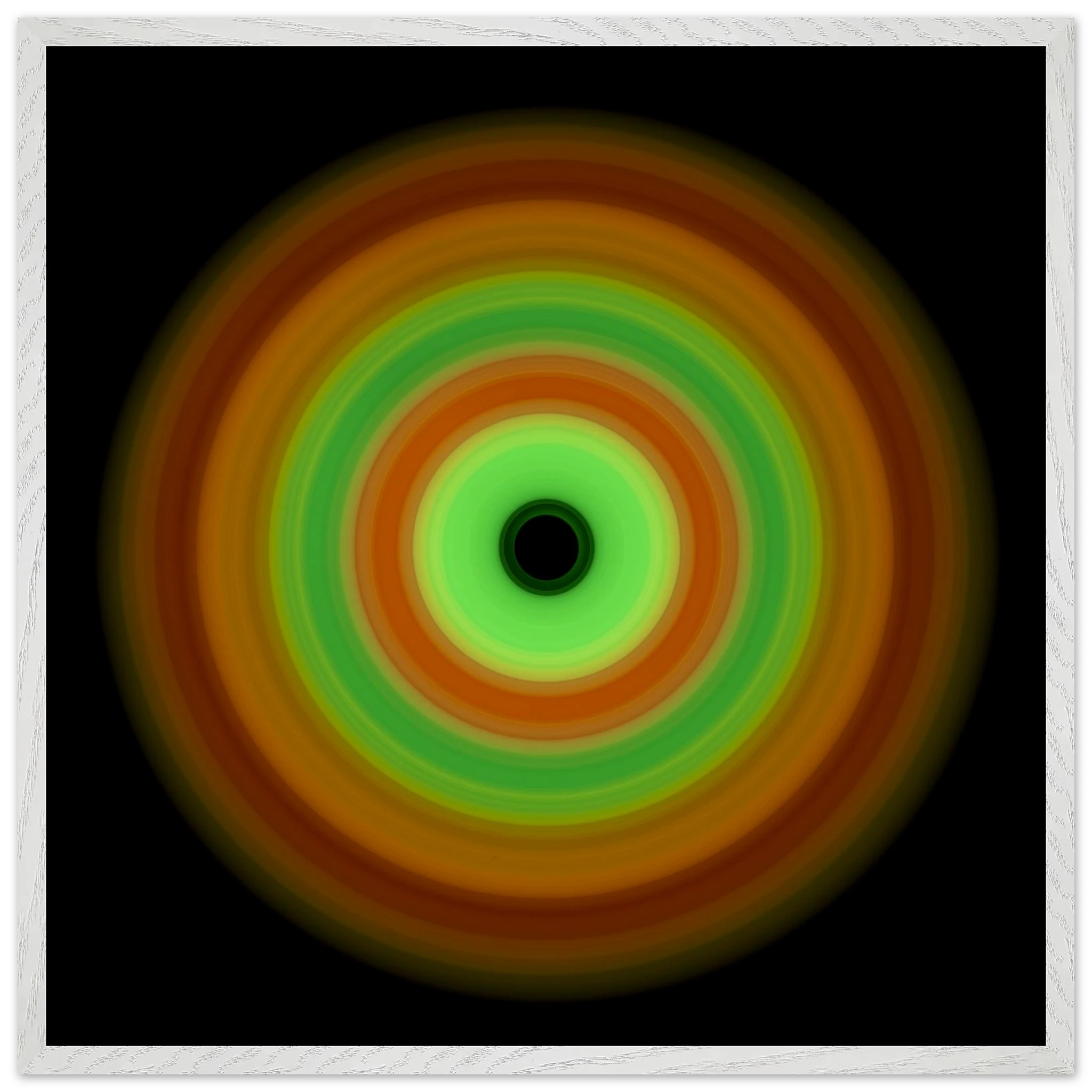 Circular image with seven concentric rings transitioning from burnt orange outer edge through yellow and green tones to pale lime center with small black void.