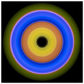 A circular aperture shape with concentric color rings radiating from a black center through yellow, orange, blue, and olive green.