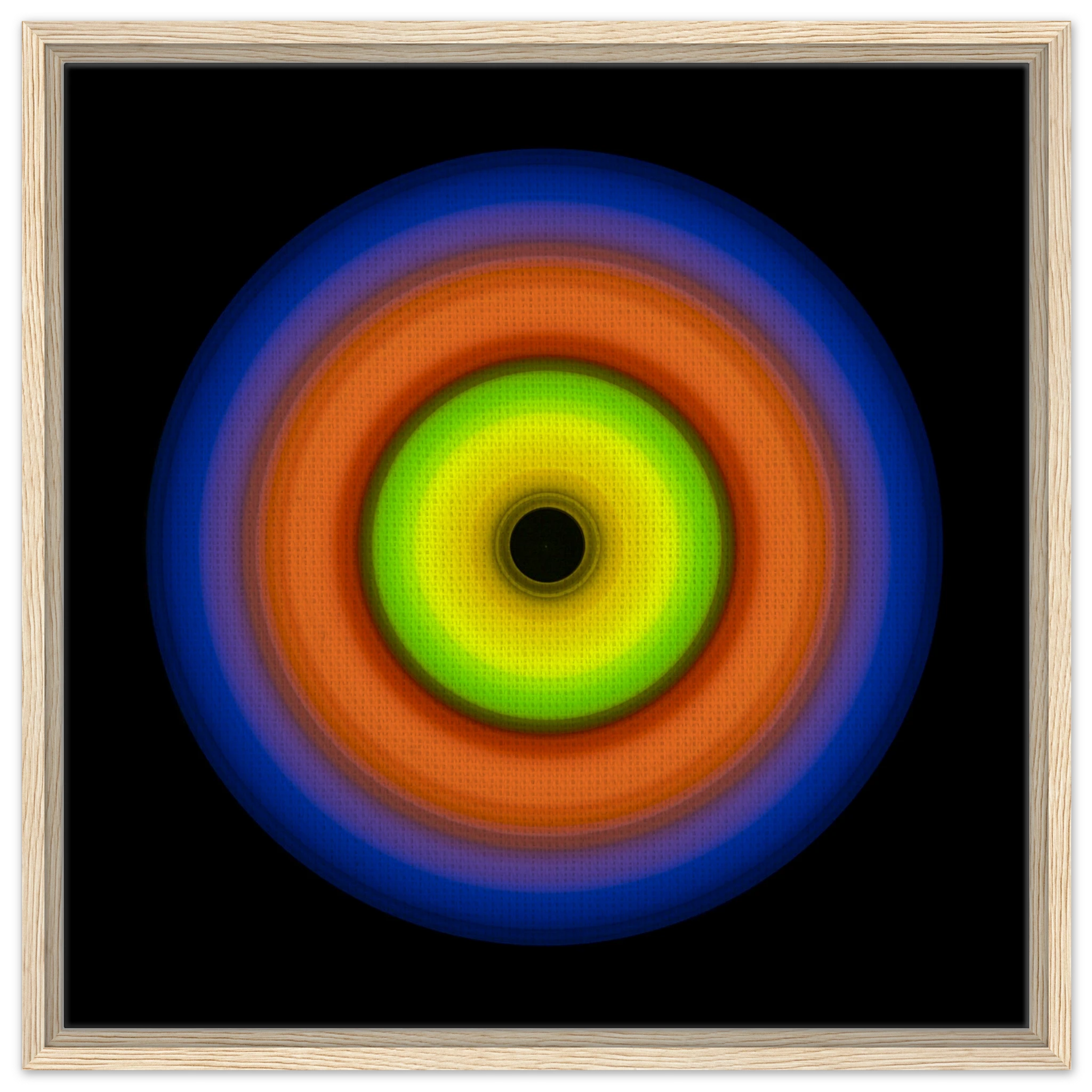 A circular aperture shape with bright lime green center fading to dark void, surrounded by concentric rings of orange, red, purple, and deep blue.