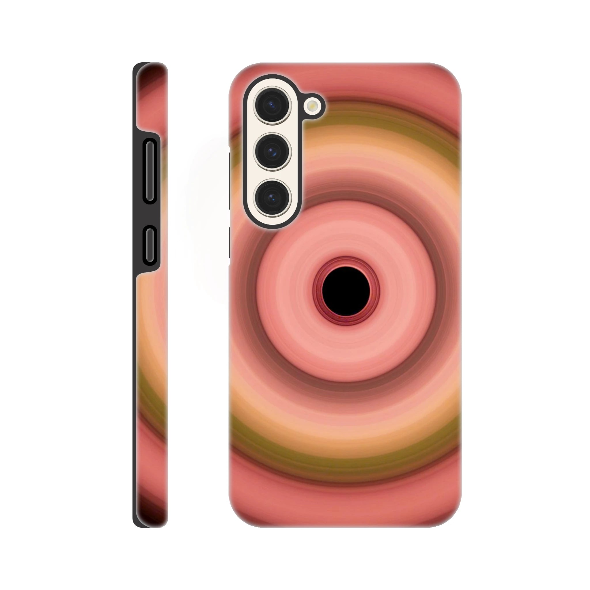 A circular aperture with six concentric rings transitioning from coral on the outside through pink, olive green, and peach to a black center.