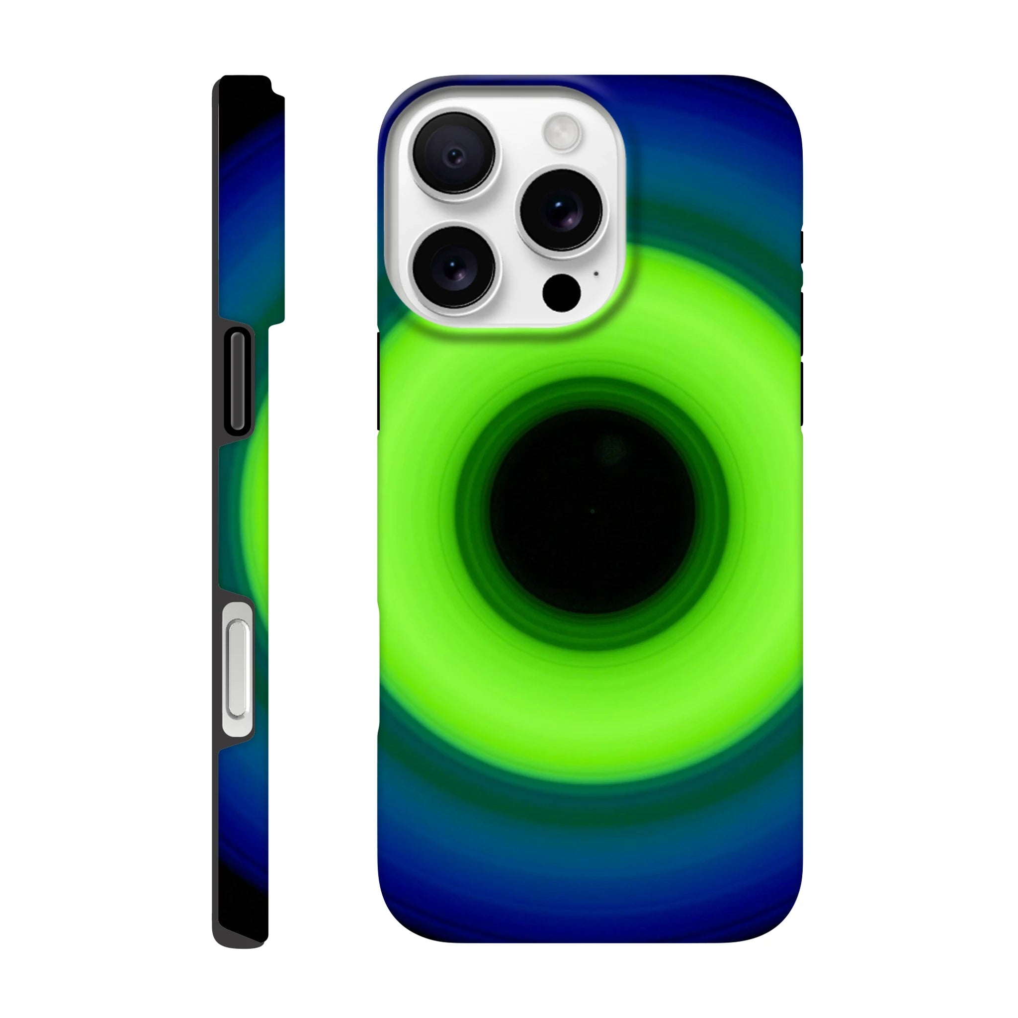 A circular ring shape with bright lime green center transitioning through teal to cobalt blue outer edge with black center void.