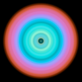Circular aperture shape with dark center surrounded by concentric color bands transitioning from ice blue through turquoise and violet to coral pink.