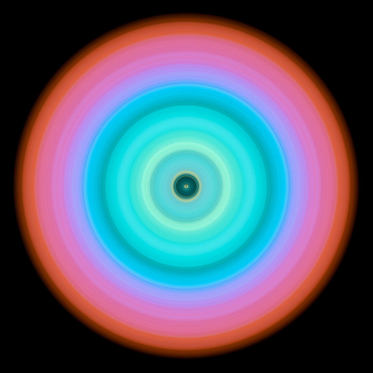 Circular aperture shape with dark center surrounded by concentric color bands transitioning from ice blue through turquoise and violet to coral pink.